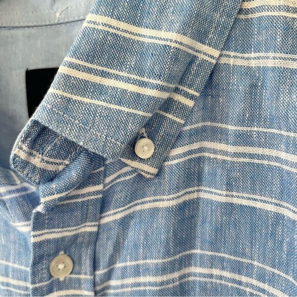 Ben Sherman Blue White Linen Blend Long Sleeve Button Down Shirt - Picture 12 of 13